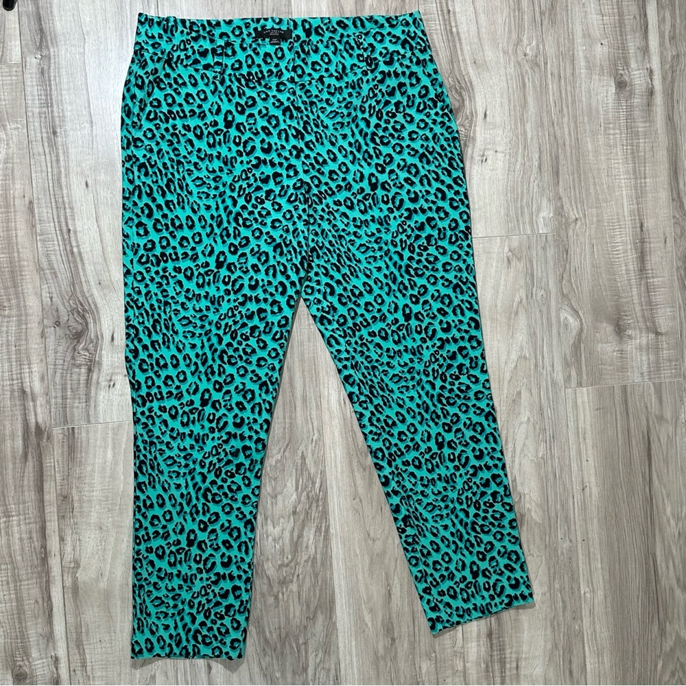 ANN TAYLOR PETITE Teal Black Leopard Animal Print Trouser Pants 10P